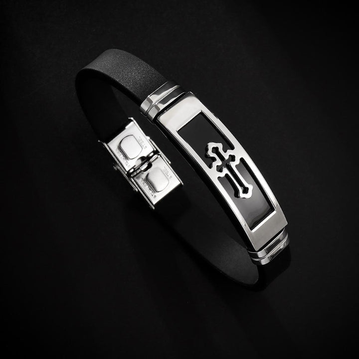 Christianartworkshop Bracelet en acier inoxydable et silicone avec croix ajourée : emblème d'une grâce discrète et durable - Noir et argent - image 4