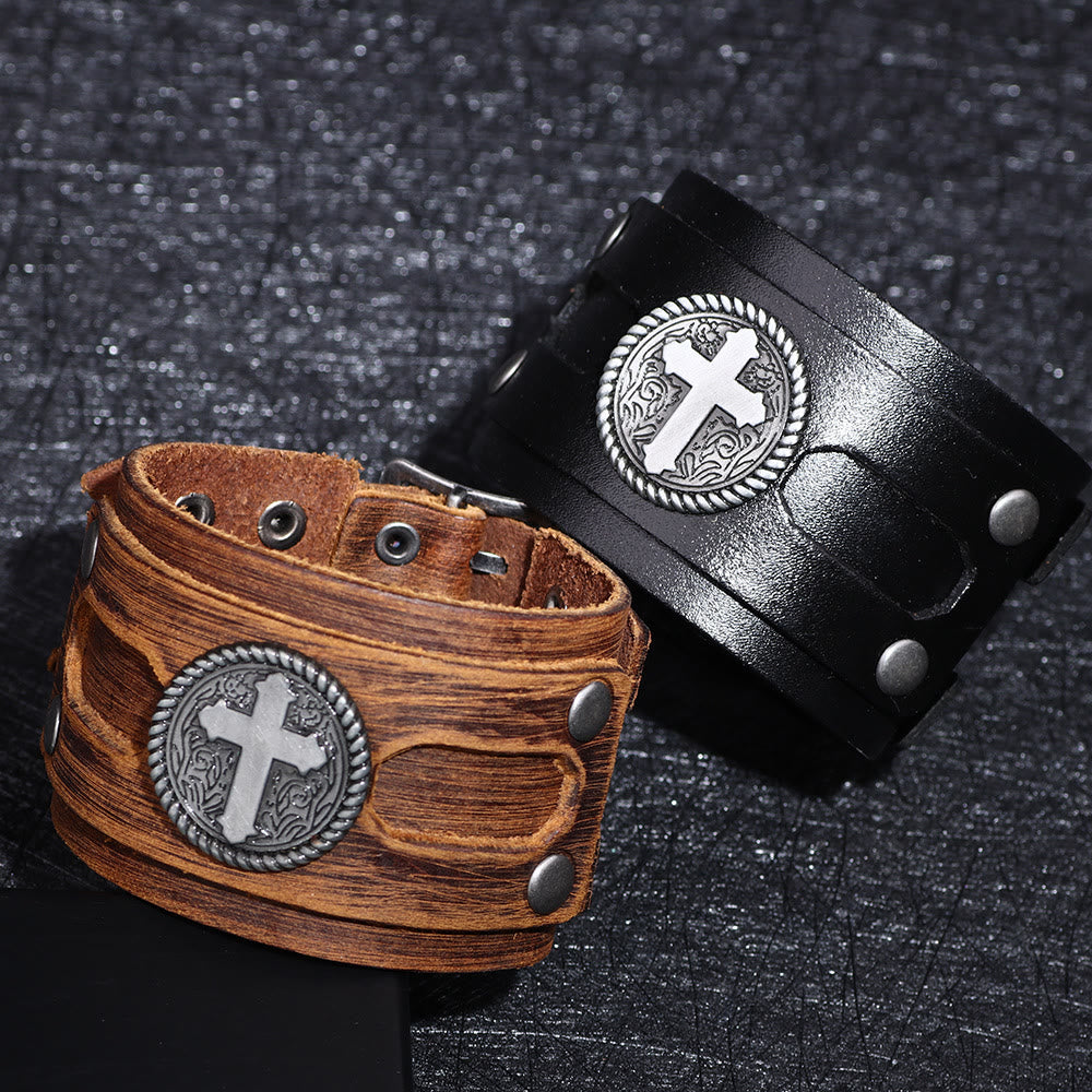 Christianartworkshop Bracelet vintage en cuir à large manchette et médaillon croix en relief : emblème de grâce inébranlable et ancrée - image 0