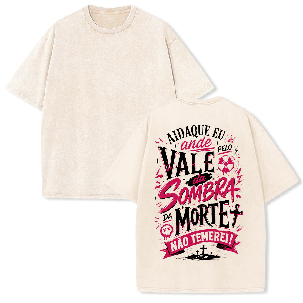 Christianartworkshop Ainda Que Eu Ande Pelo Vale Da Sombra Da Morte Cross Grave Crown Portugais Faith Back Print vintage Washed Unisex T-Shirt - Beige - 5XL - image 1