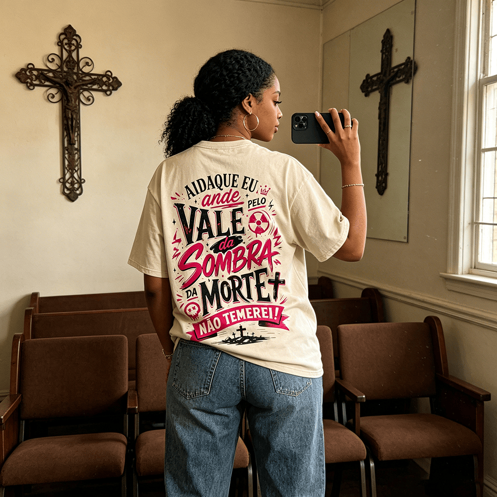 Christianartworkshop Ainda Que Eu Ande Pelo Vale Da Sombra Da Morte Cross Grave Crown Portugais Faith Back Print vintage Washed Unisex T-Shirt - image 0