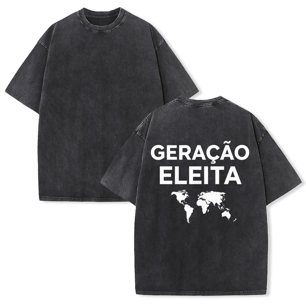 Christianartworkshop Geração Eleita Carte du monde correspondant couple dos imprimé vintage lavé unisexe T-shirt - Noir - 5XL - image 1