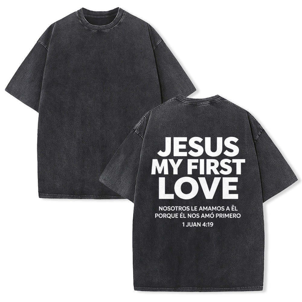 Christianartworkshop T-shirt unisexe vintage délavé, imprimé au dos, motif « Jésus mon premier amour » (Jean 4:19). - Noir - 5XL - image 1