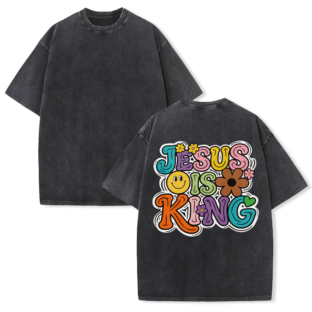 Christianartworkshop T-shirt unisexe rétro groovy multicolore à bulles, imprimé floral et smiley au dos, style vintage délavé - Noir - 5XL - image 1