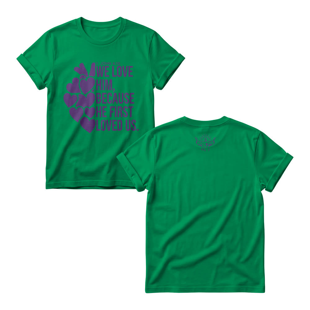 Christianartworkshop T-shirts à col rond pour femmes, imprimés en gras avec un cœur et le verset 1 Jean 4:19 (double face). - Vert - 4XL - image 11