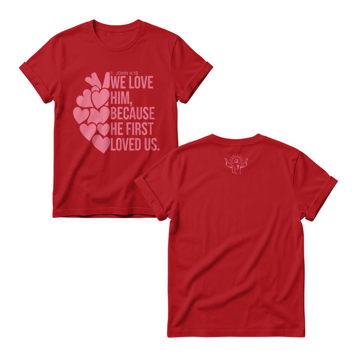 Christianartworkshop T-shirts à col rond pour femmes, imprimés en gras avec un cœur et le verset 1 Jean 4:19 (double face). - Rouge - 4XL - image 10