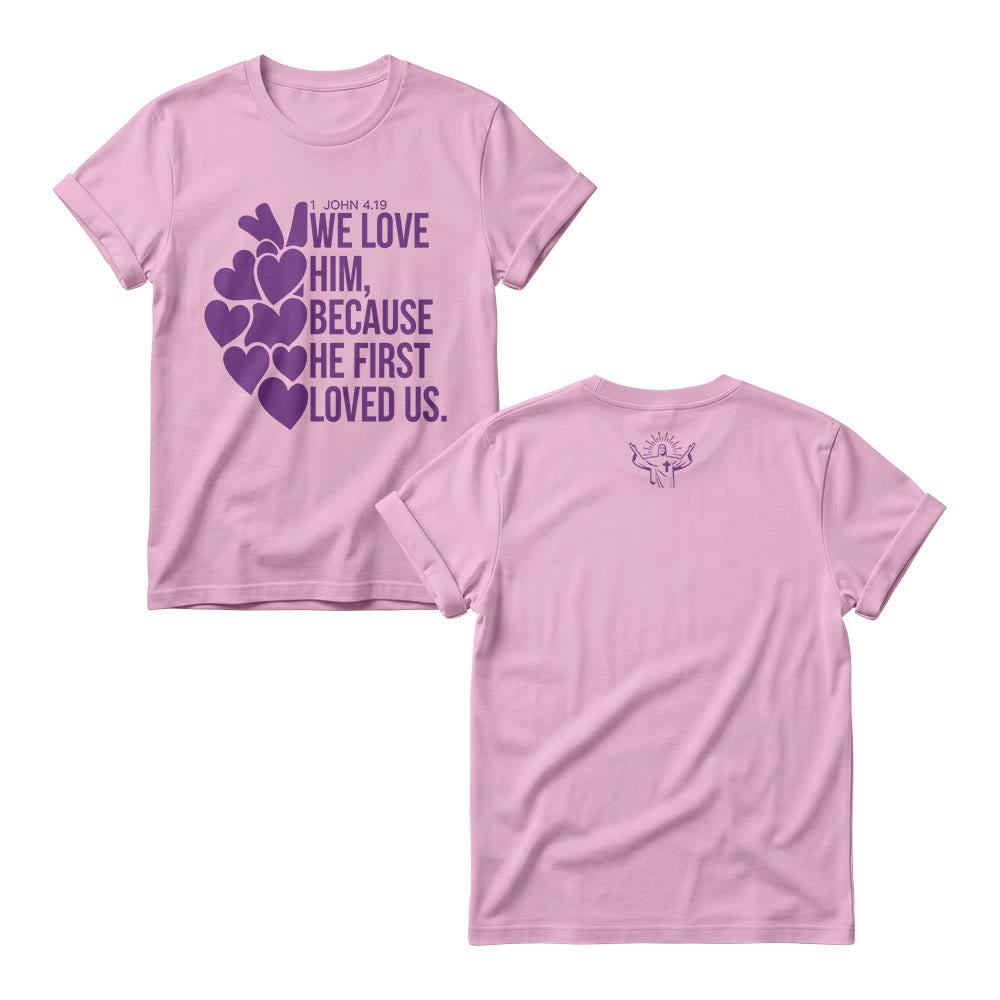 Christianartworkshop T-shirts à col rond pour femmes, imprimés en gras avec un cœur et le verset 1 Jean 4:19 (double face). - Rose - 4XL - image 7