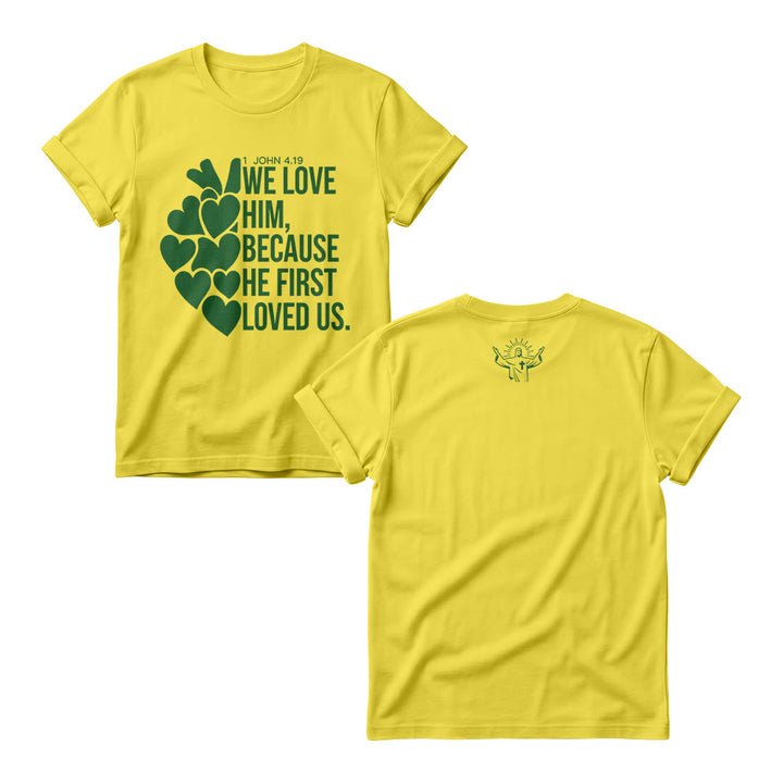 Christianartworkshop T-shirts à col rond pour femmes, imprimés en gras avec un cœur et le verset 1 Jean 4:19 (double face). - Jaune - 4XL - image 5