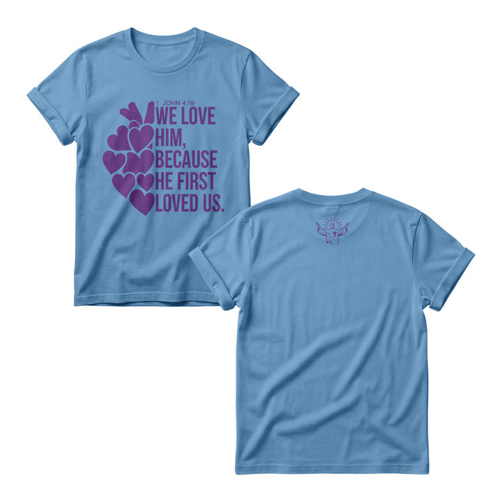 Christianartworkshop T-shirts à col rond pour femmes, imprimés en gras avec un cœur et le verset 1 Jean 4:19 (double face). - Bleu - 4XL - image 8
