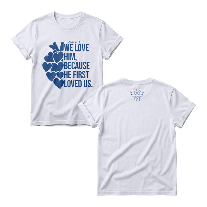 Christianartworkshop T-shirts à col rond pour femmes, imprimés en gras avec un cœur et le verset 1 Jean 4:19 (double face). - Blanc - 4XL - image 3