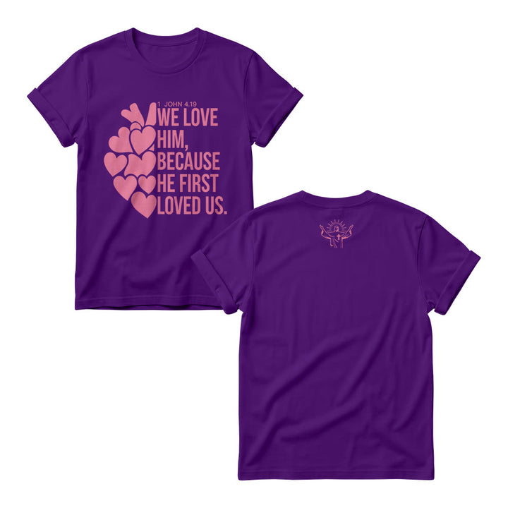 Christianartworkshop T-shirts à col rond pour femmes, imprimés en gras avec un cœur et le verset 1 Jean 4:19 (double face). - Violet - 4XL - image 9