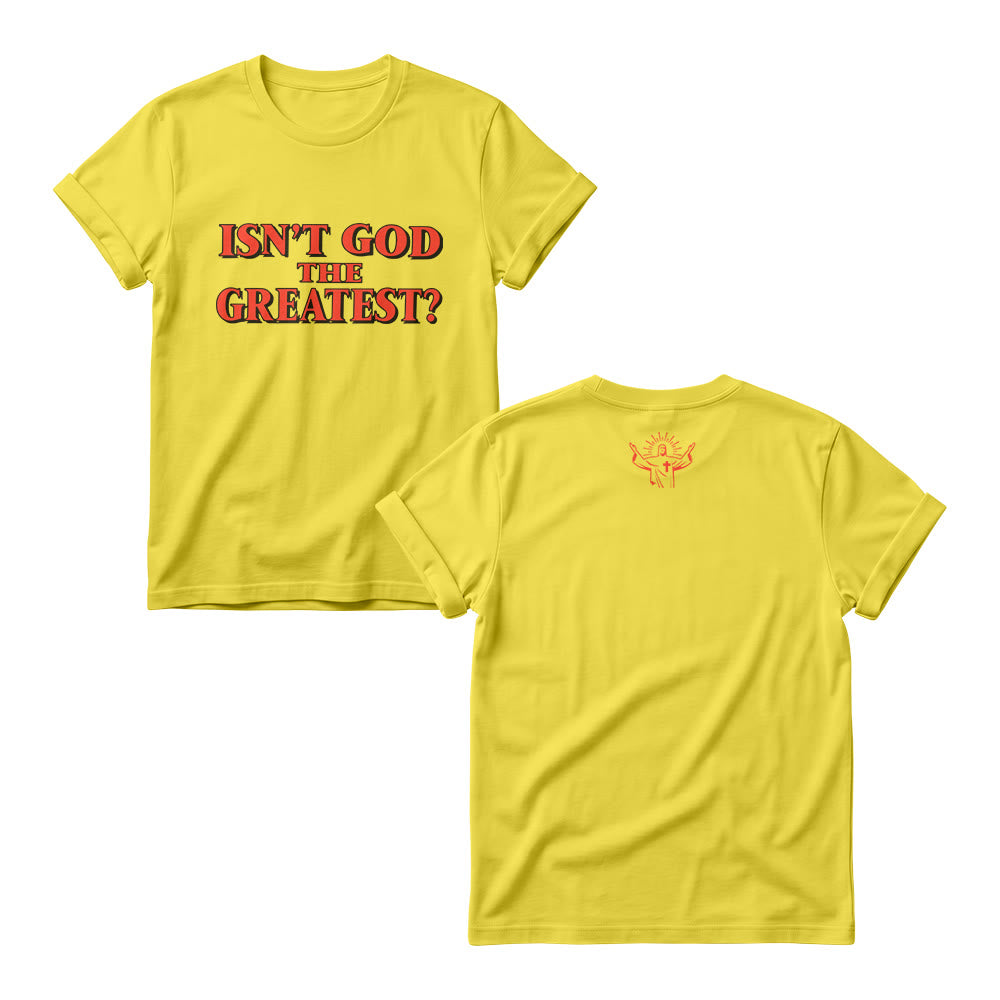 Christianartworkshop Isn’t God The Greatest ? Pulls à col rond pour femmes avec imprimé à empattements contrastés et audacieux - Jaune - 4XL - image 2