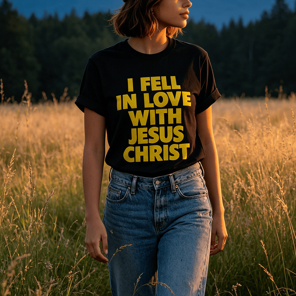 Christianartworkshop Pulls ras du cou pour femmes à imprimé audacieux vertical sur le devant « Je suis tombée amoureuse de Jésus-Christ » - image 0