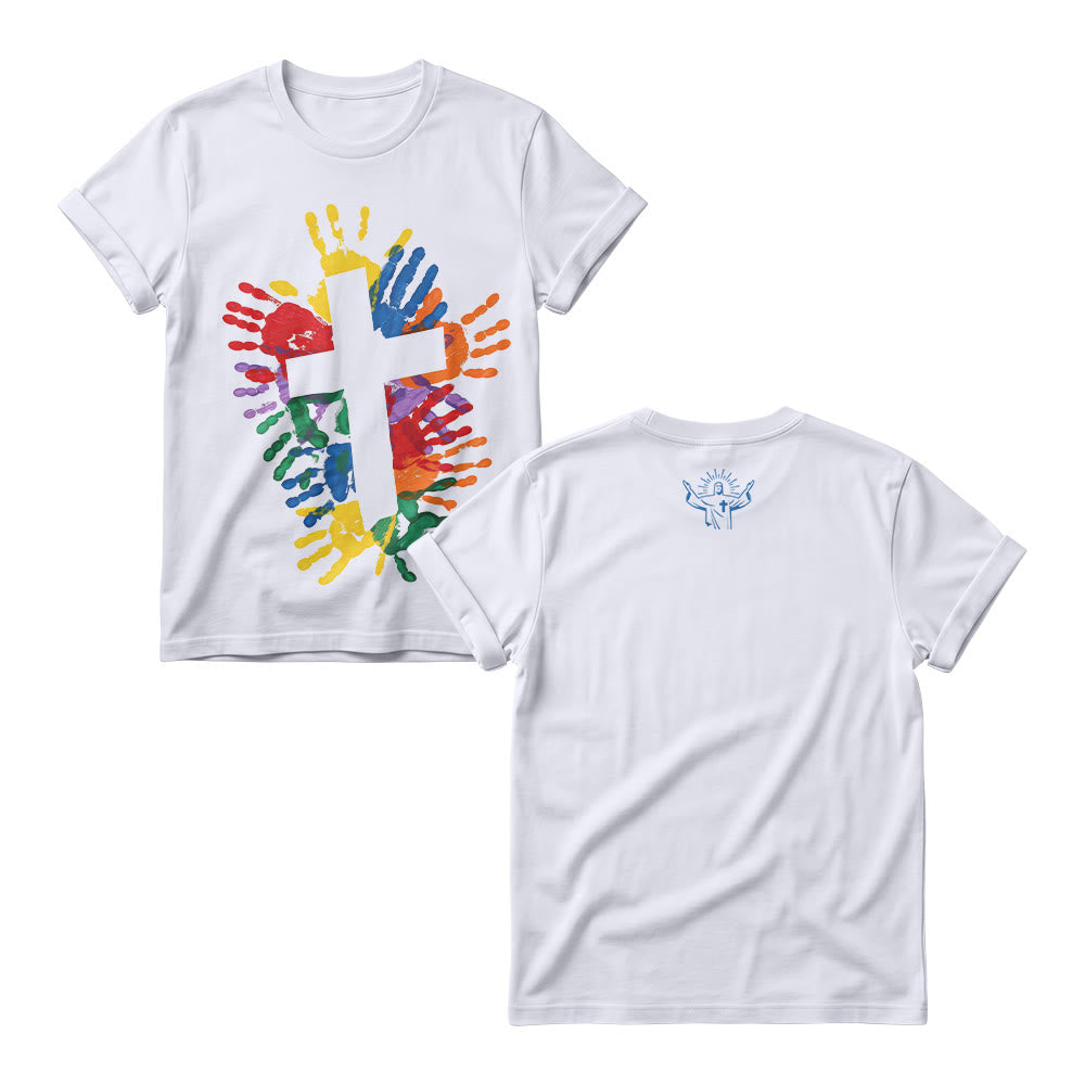 Christianartworkshop Sweat-shirts à col rond pour femmes, motif minimaliste de lignes, cœur, main et croix multicolores sur le devant et au dos. - Blanc - 4XL - image 1