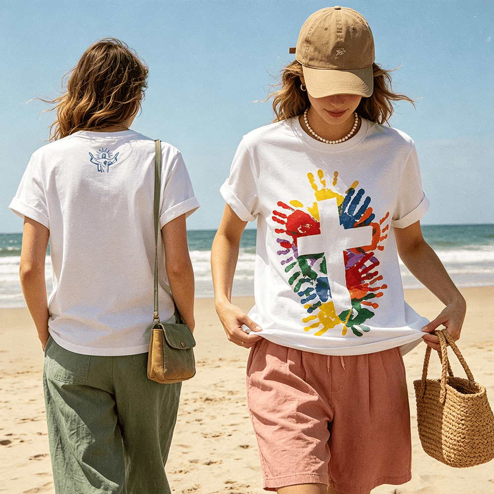 Christianartworkshop Sweat-shirts à col rond pour femmes, motif minimaliste de lignes, cœur, main et croix multicolores sur le devant et au dos. - image 0