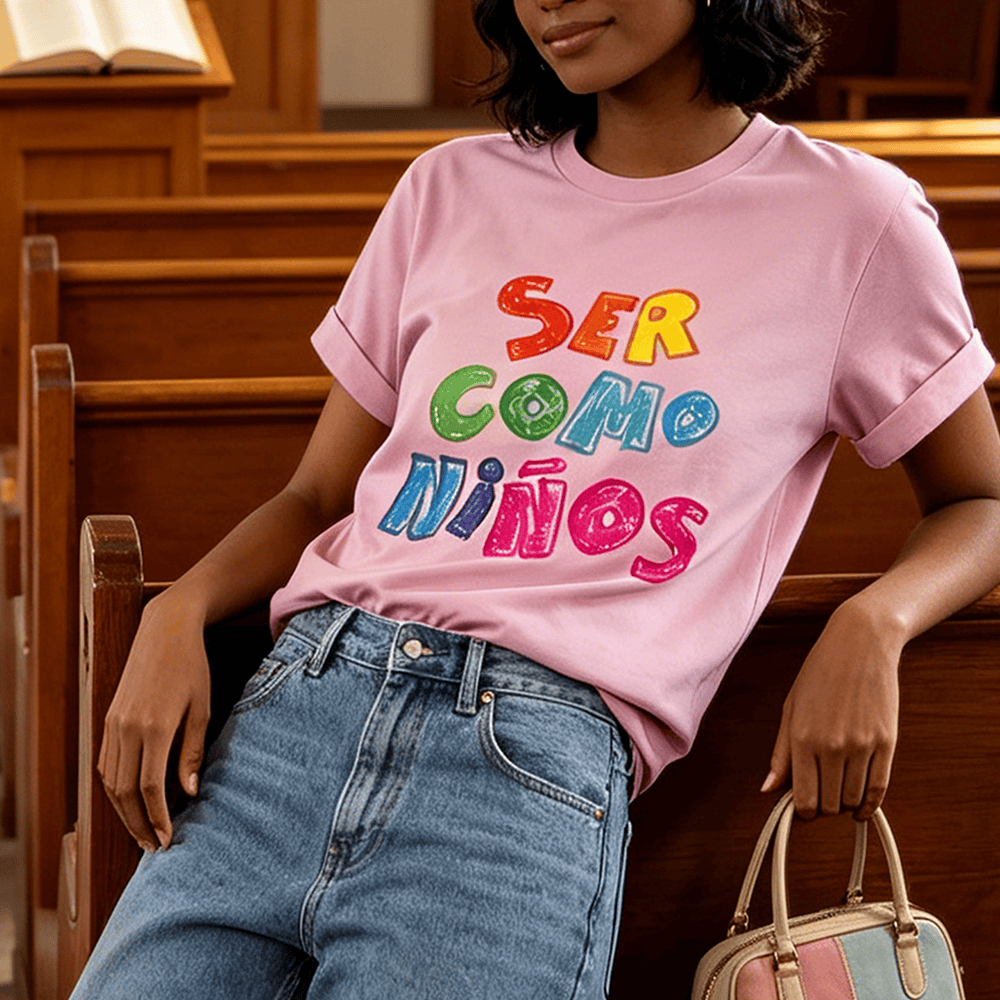 Christianartworkshop Ser Como Niños Multicolor Glossy Bubble Spanish Scripture Front Print Womens Crewnecks - image 0