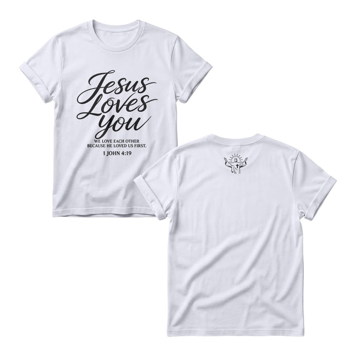 Christianartworkshop T-shirt à col rond pour femme « Jésus t’aime » (écriture cursive fluide, 1 Jean 4 : 19, petit motif de croix et de couronne sur le devant) - Blanc - 4XL - image 2