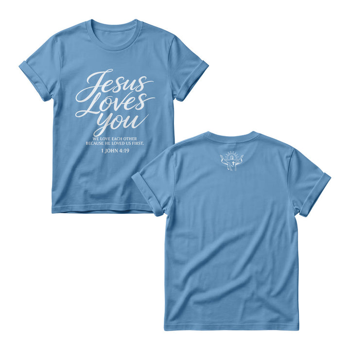 Christianartworkshop T-shirt à col rond pour femme « Jésus t’aime » (écriture cursive fluide, 1 Jean 4 : 19, petit motif de croix et de couronne sur le devant) - Bleu - 4XL - image 6