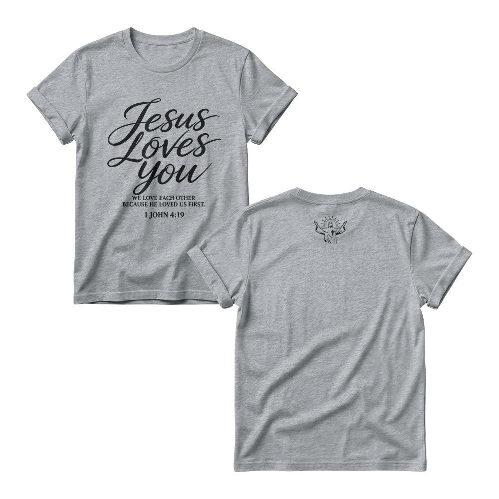 Christianartworkshop T-shirt à col rond pour femme « Jésus t’aime » (écriture cursive fluide, 1 Jean 4 : 19, petit motif de croix et de couronne sur le devant) - Gris - 4XL - image 4