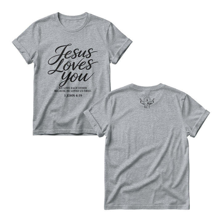 Christianartworkshop T-shirt à col rond pour femme « Jésus t’aime » (écriture cursive fluide, 1 Jean 4 : 19, petit motif de croix et de couronne sur le devant) - Gris - 4XL - image 4