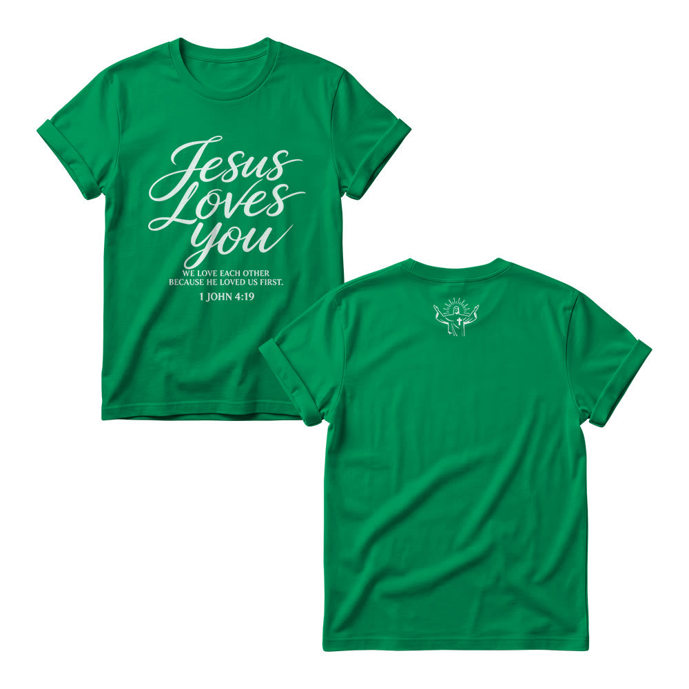 Christianartworkshop T-shirt à col rond pour femme « Jésus t’aime » (écriture cursive fluide, 1 Jean 4 : 19, petit motif de croix et de couronne sur le devant) - Vert - 4XL - image 9