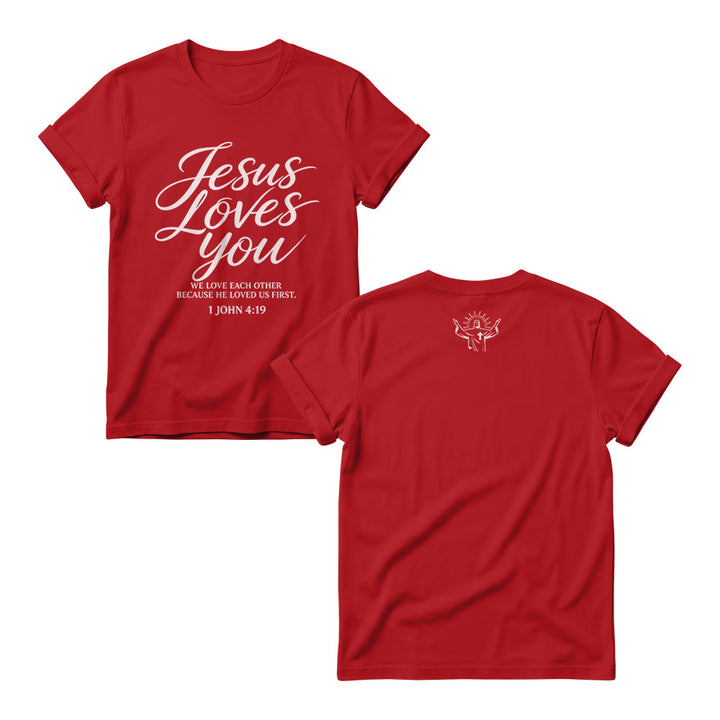 Christianartworkshop T-shirt à col rond pour femme « Jésus t’aime » (écriture cursive fluide, 1 Jean 4 : 19, petit motif de croix et de couronne sur le devant) - Rouge - 4XL - image 8