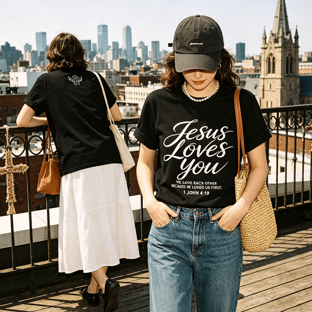 Christianartworkshop T-shirt à col rond pour femme « Jésus t’aime » (écriture cursive fluide, 1 Jean 4 : 19, petit motif de croix et de couronne sur le devant) - image 0