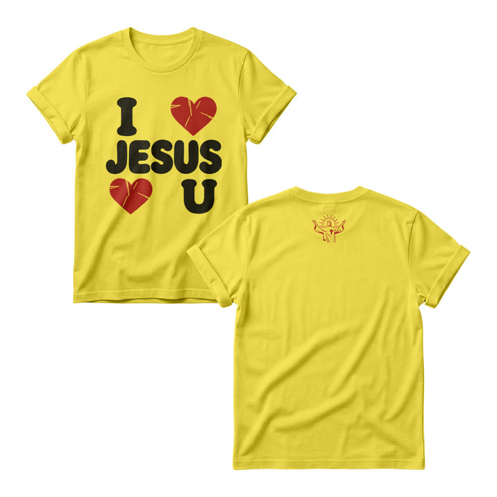 Christianartworkshop Pull ras du cou pour femme avec inscription « J’aime Jésus » en grosses lettres rondes et motif simple double cœur - Jaune - 4XL - image 3