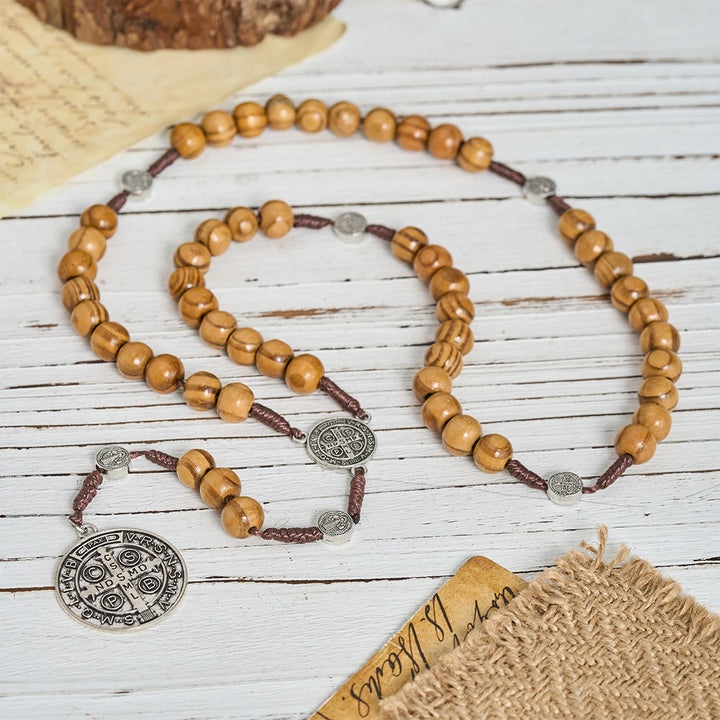Christianartworkshop Chapelet en cordon de perles de bois naturel avec pendentif Saint Benoît / Notre-Dame / chapelet à porter aux doigts - Saint Benoît - image 8