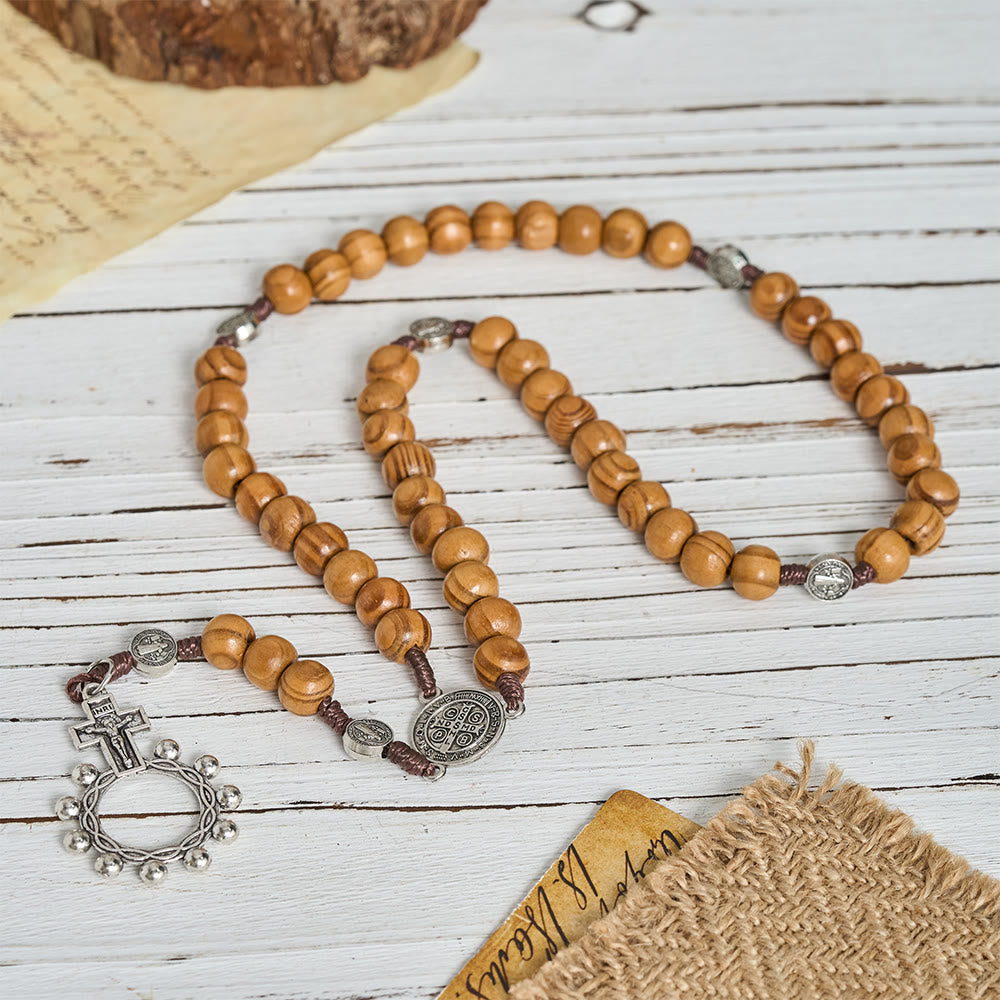 Christianartworkshop Chapelet en cordon de perles de bois naturel avec pendentif Saint Benoît / Notre-Dame / chapelet à porter aux doigts - Chapelet des doigts - image 1