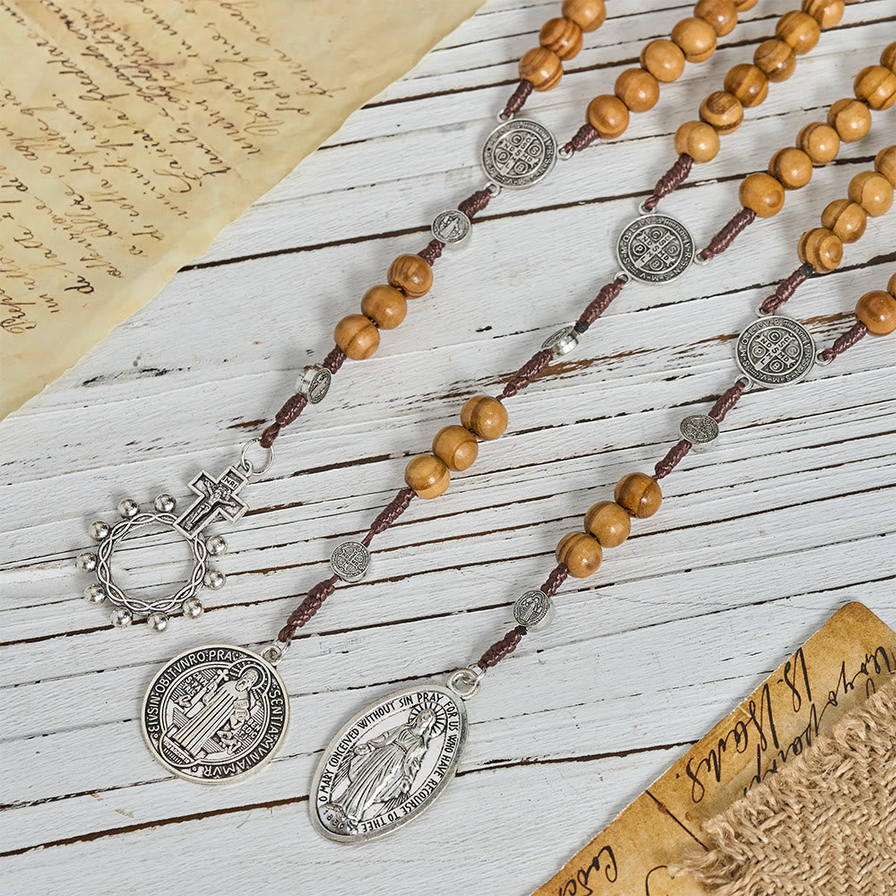 Christianartworkshop Chapelet en cordon de perles de bois naturel avec pendentif Saint Benoît / Notre-Dame / chapelet à porter aux doigts - image 0