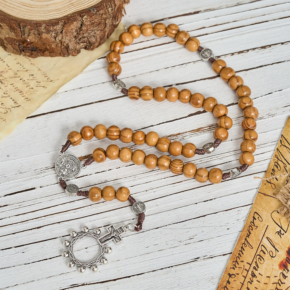 Christianartworkshop Chapelet en cordon de perles de bois naturel avec pendentif Saint Benoît / Notre-Dame / chapelet à porter aux doigts - image 2
