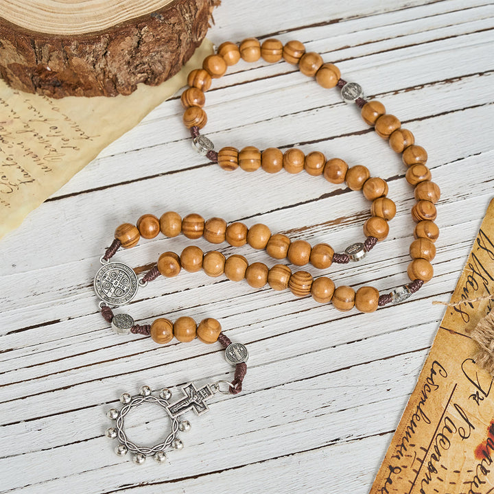 Christianartworkshop Chapelet en cordon de perles de bois naturel avec pendentif Saint Benoît / Notre-Dame / chapelet à porter aux doigts - image 2