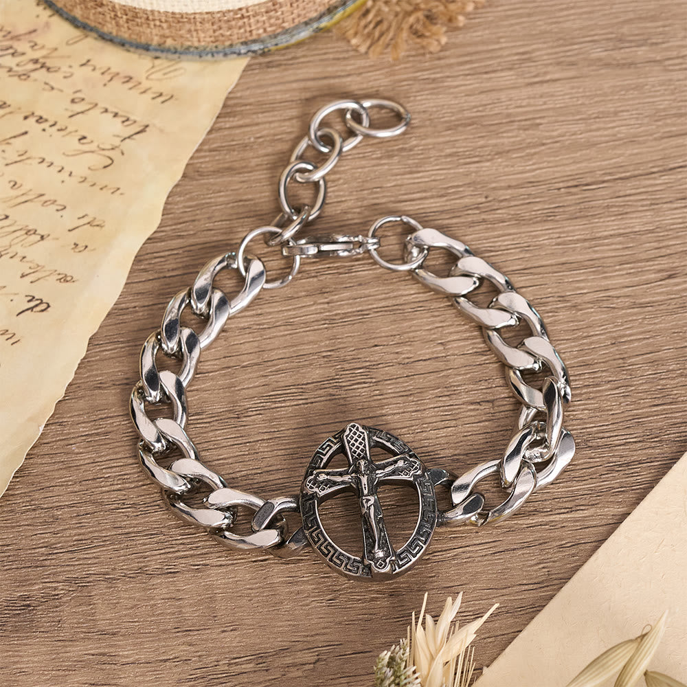 Christianartworkshop Bracelet à maillons gourmette épais en métal vieilli avec croix de Saint Jude et croix encadrée - Crucifix C - image 5