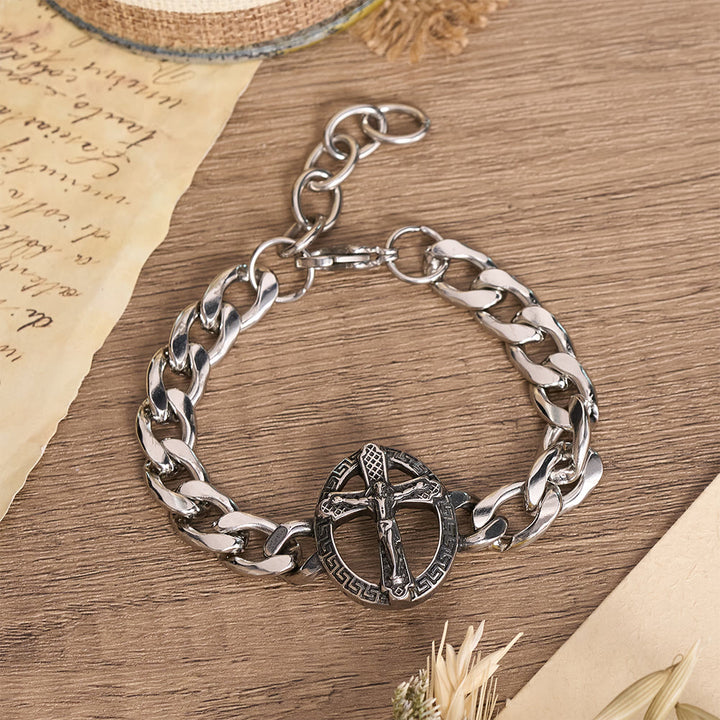 Christianartworkshop Bracelet à maillons gourmette épais en métal vieilli avec croix de Saint Jude et croix encadrée - Crucifix C - image 5