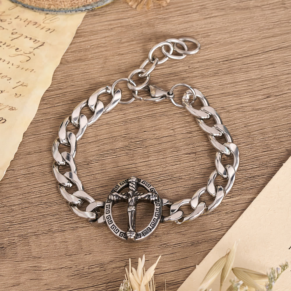 Christianartworkshop Bracelet à maillons gourmette épais en métal vieilli avec croix de Saint Jude et croix encadrée - Crucifix B - image 3