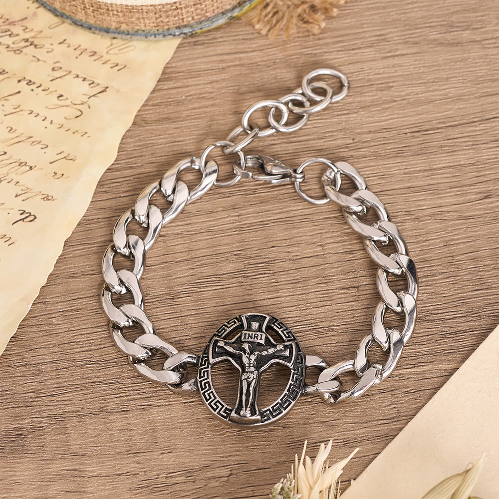 Christianartworkshop Bracelet à maillons gourmette épais en métal vieilli avec croix de Saint Jude et croix encadrée - Crucifix A - image 0