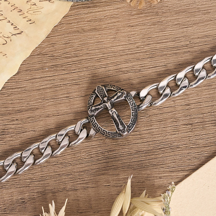 Christianartworkshop Bracelet à maillons gourmette épais en métal vieilli avec croix de Saint Jude et croix encadrée - image 6