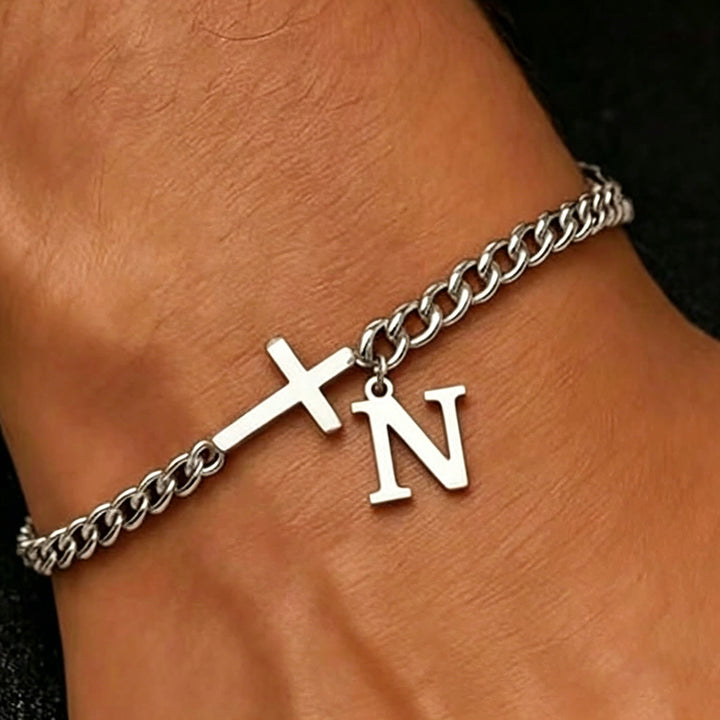 Christianartworkshop Bracelet à maillons gourmette avec croix et lettre : emblème personnalisé de la foi céleste inébranlable - N - image 15