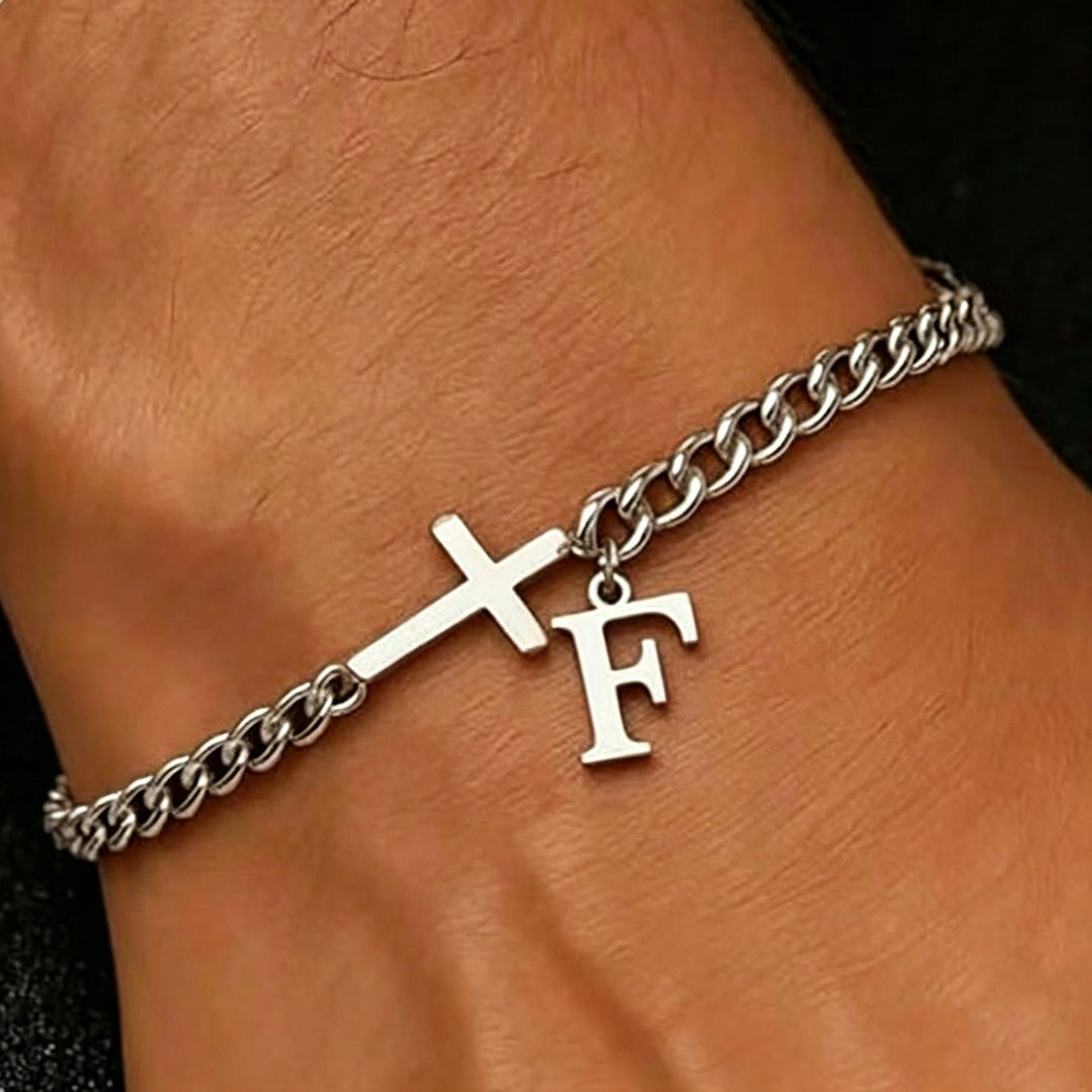 Christianartworkshop Bracelet à maillons gourmette avec croix et lettre : emblème personnalisé de la foi céleste inébranlable - F - image 7