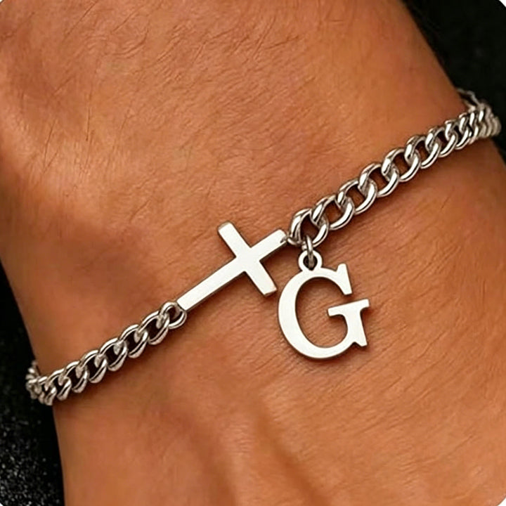 Christianartworkshop Bracelet à maillons gourmette avec croix et lettre : emblème personnalisé de la foi céleste inébranlable - G - image 8