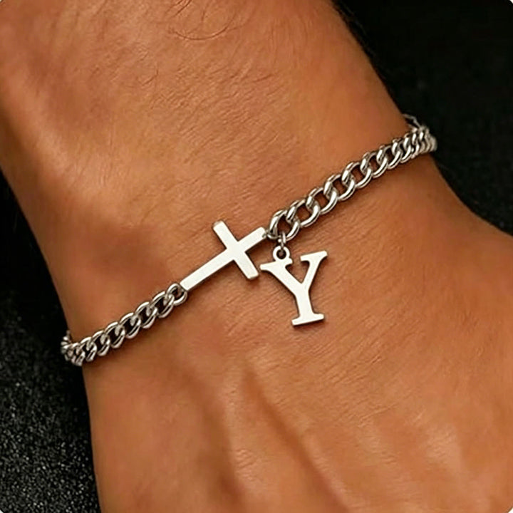 Christianartworkshop Bracelet à maillons gourmette avec croix et lettre : emblème personnalisé de la foi céleste inébranlable - Y - image 26