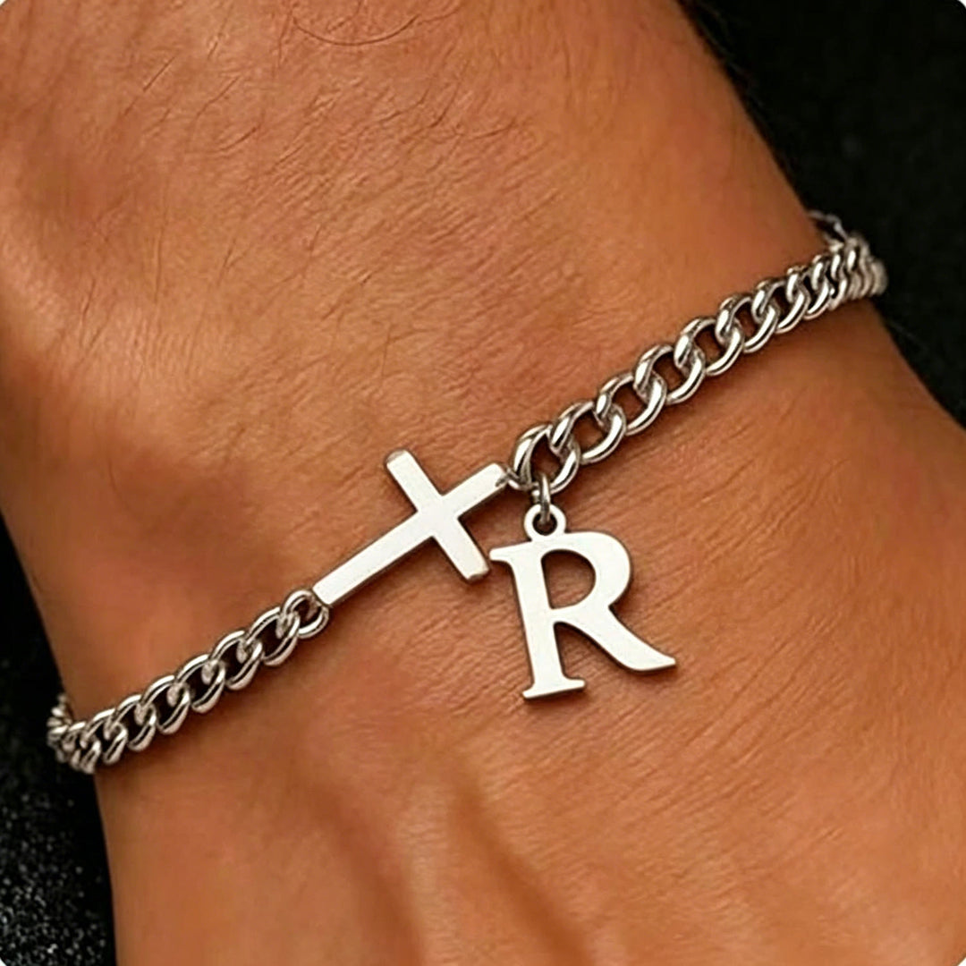 Christianartworkshop Bracelet à maillons gourmette avec croix et lettre : emblème personnalisé de la foi céleste inébranlable - R - image 19
