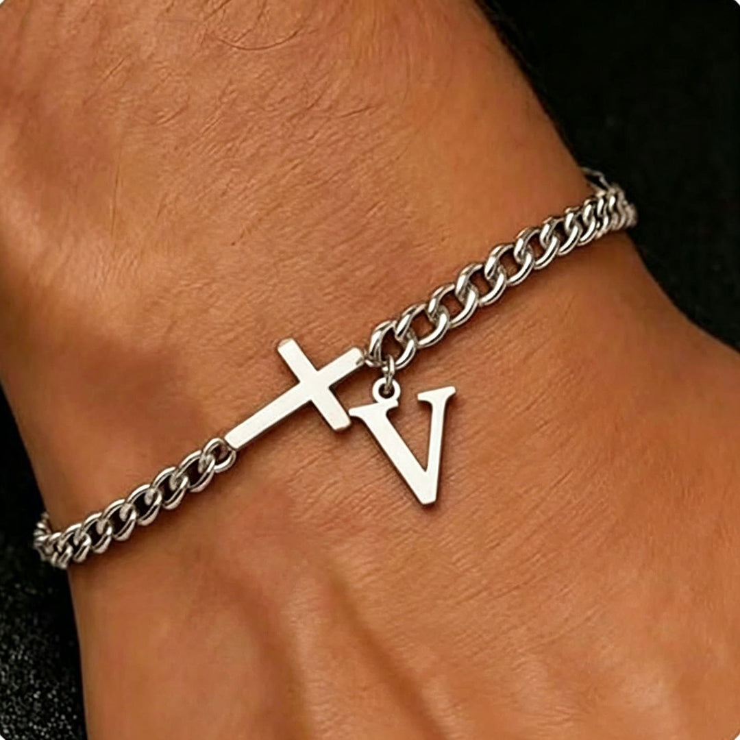 Christianartworkshop Bracelet à maillons gourmette avec croix et lettre : emblème personnalisé de la foi céleste inébranlable - V - image 23
