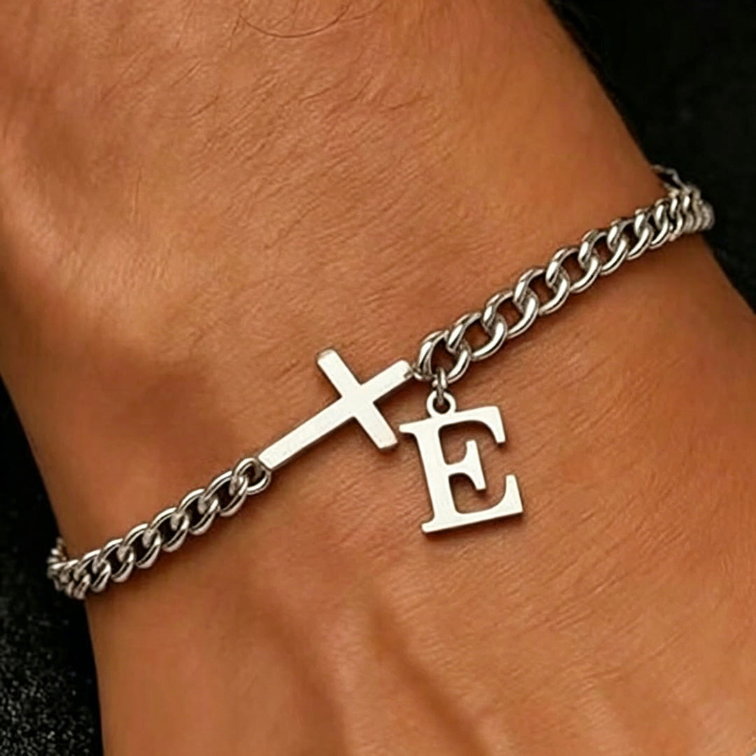 Christianartworkshop Bracelet à maillons gourmette avec croix et lettre : emblème personnalisé de la foi céleste inébranlable - E - image 6