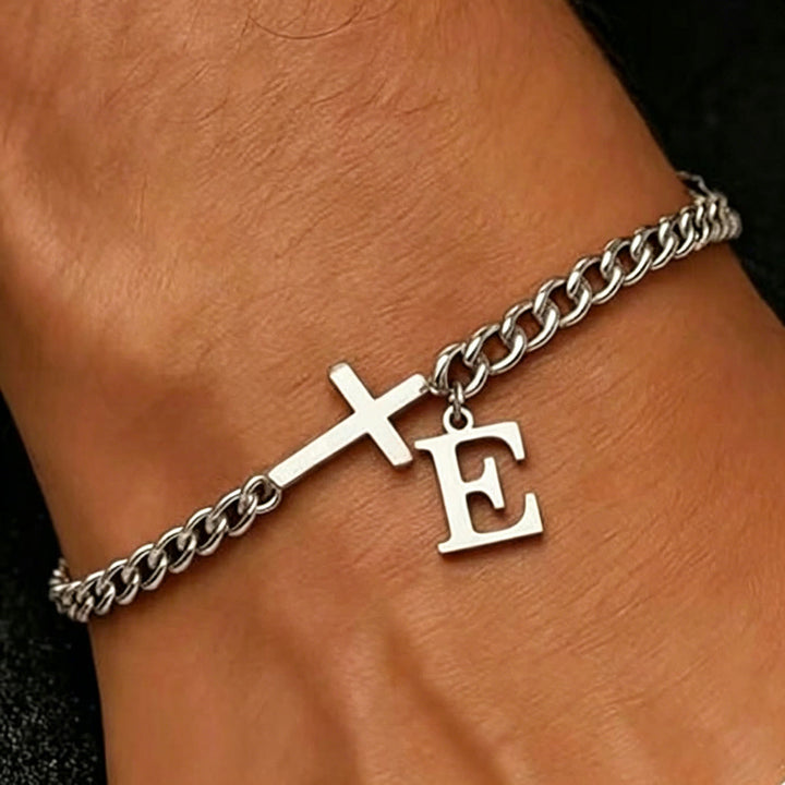 Christianartworkshop Bracelet à maillons gourmette avec croix et lettre : emblème personnalisé de la foi céleste inébranlable - E - image 6