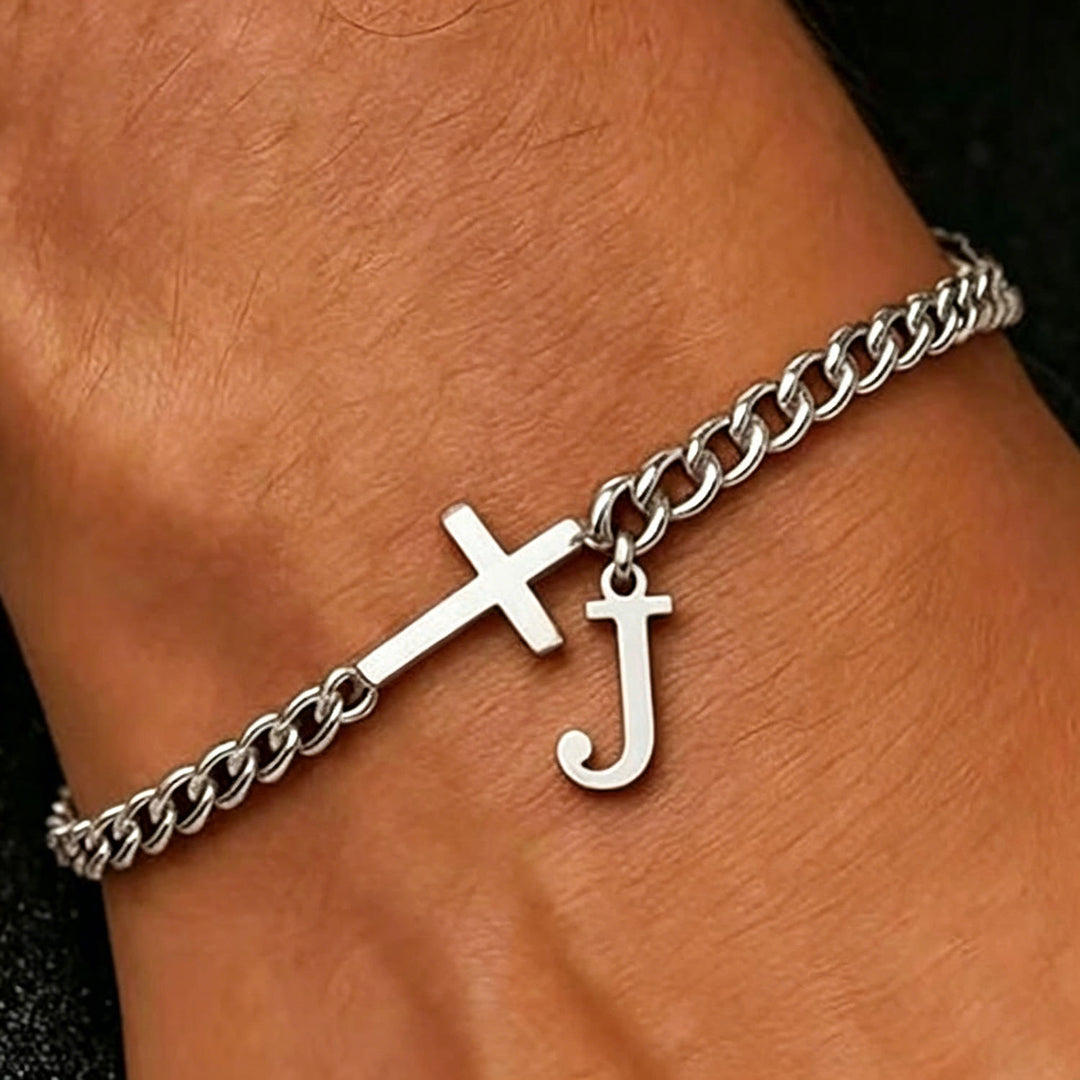Christianartworkshop Bracelet à maillons gourmette avec croix et lettre : emblème personnalisé de la foi céleste inébranlable - J - image 11