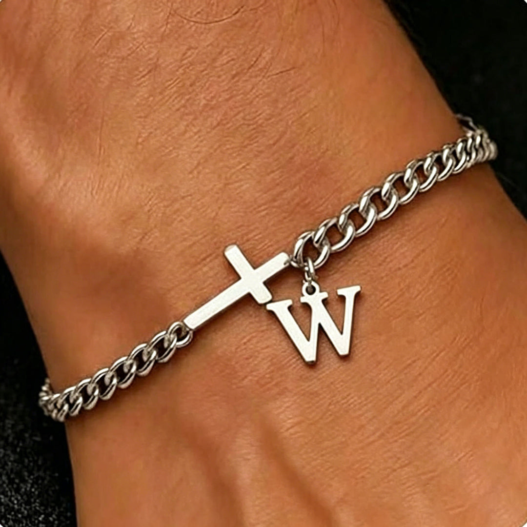 Christianartworkshop Bracelet à maillons gourmette avec croix et lettre : emblème personnalisé de la foi céleste inébranlable - W - image 24