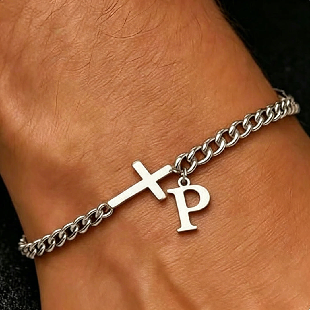Christianartworkshop Bracelet à maillons gourmette avec croix et lettre : emblème personnalisé de la foi céleste inébranlable - P - image 17