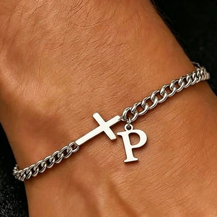 Christianartworkshop Bracelet à maillons gourmette avec croix et lettre : emblème personnalisé de la foi céleste inébranlable - P - image 17