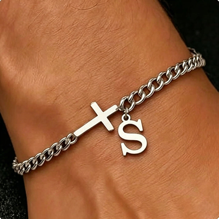 Christianartworkshop Bracelet à maillons gourmette avec croix et lettre : emblème personnalisé de la foi céleste inébranlable - S - image 20